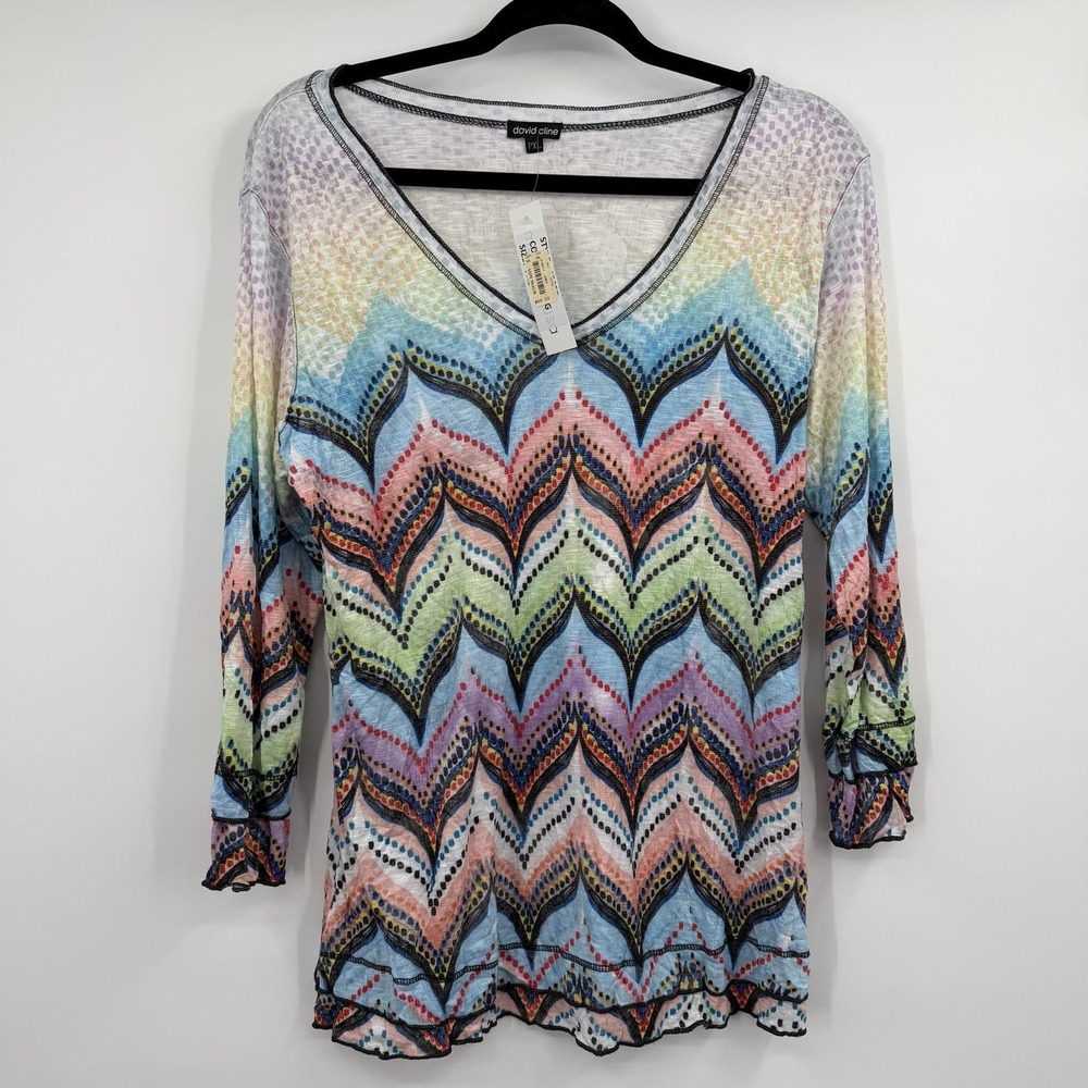 DAVID CLINE Tunic Blouse Womens PXL Multicolor V-Neck 3/4 Sleeve Zig Art NWT